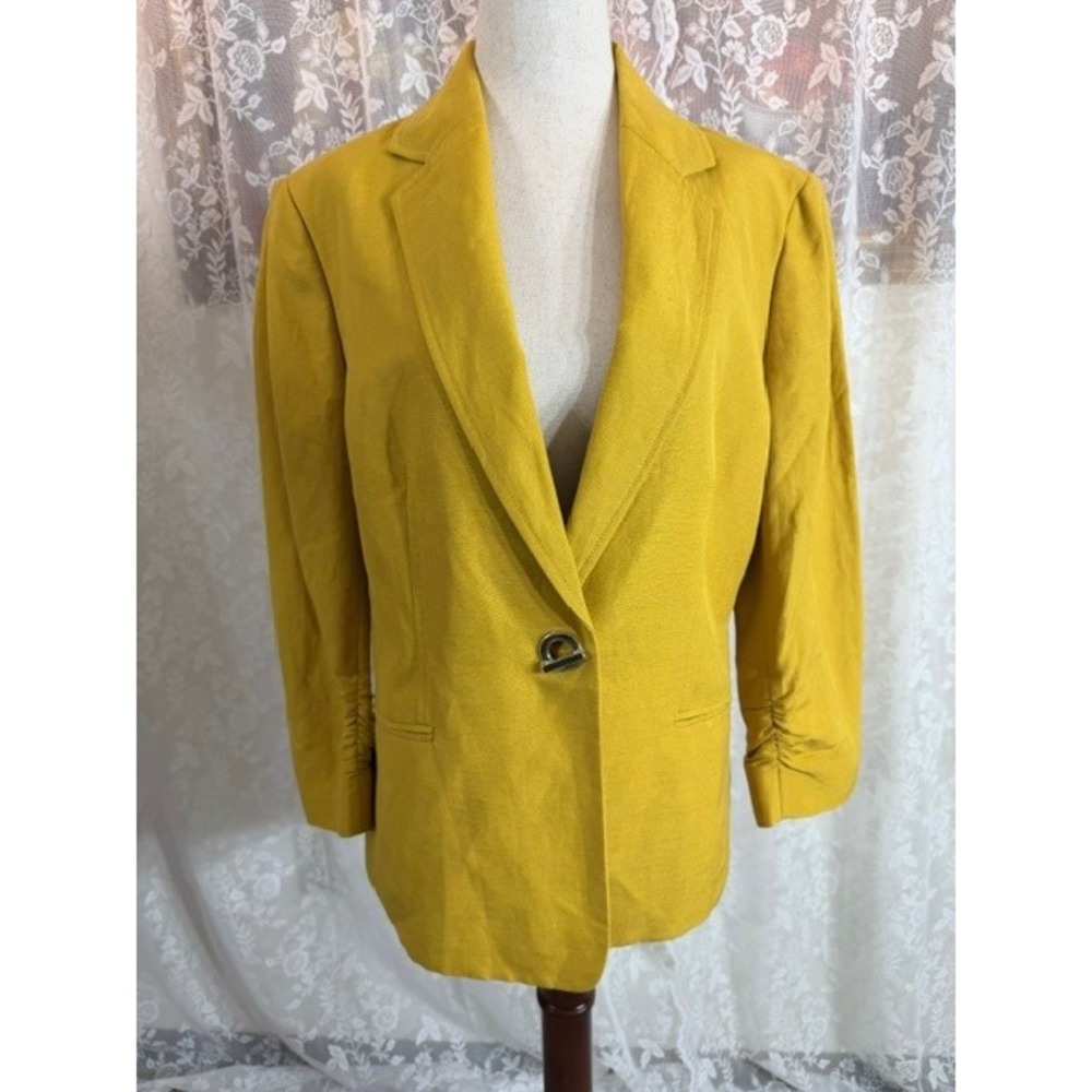 Kasper Womens Yellow Ruched Sleeve Toggle Closure Blazer Jacket Size 12